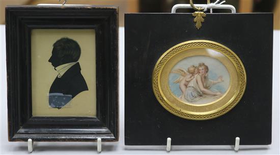 A 19th century silhouette portrait of a gentleman and an oval miniature watercolour of Cupid & Psyche